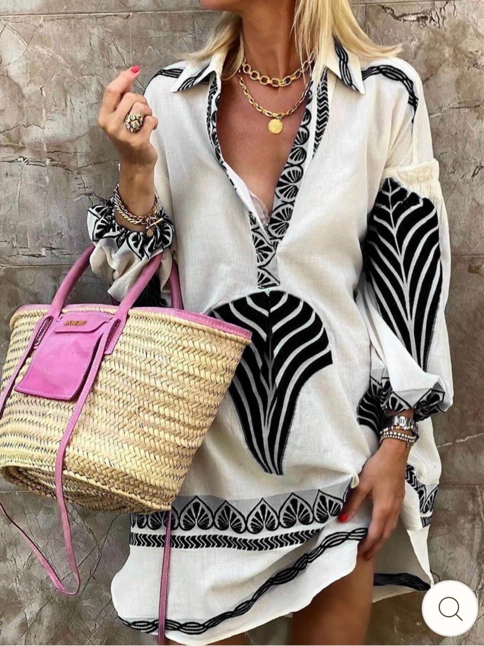 Source Unknown Cream and Blue Printed Mini Dress